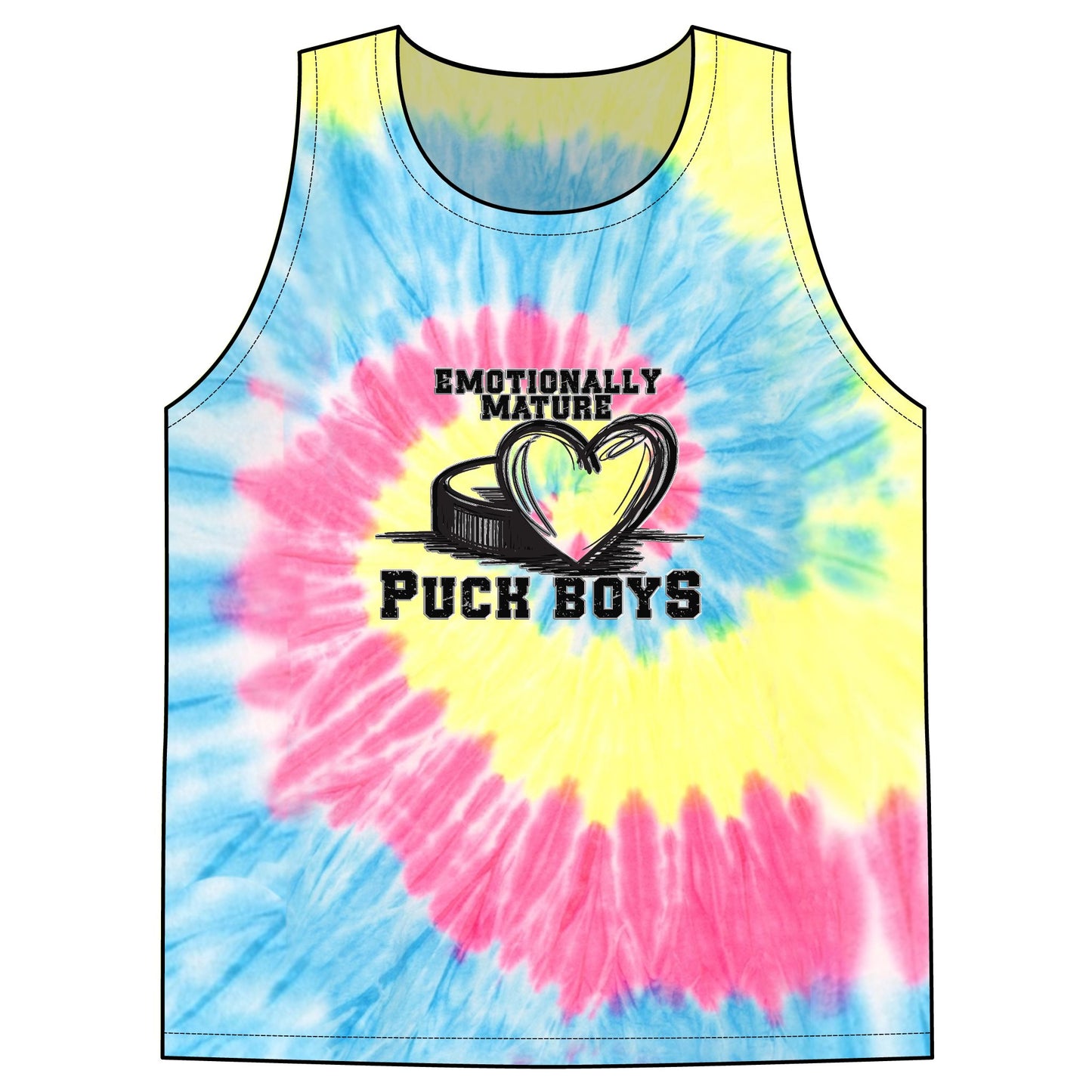 Emotionally Mature Puck Boys Unisex Tie-Dye Tank Top S M L XL 2XL 3XL 4XL Width, in 18.00 20.00 22.00 24.00 26.00 28.00 30.00 Length at Back, in 28.00 29.00 30.00 31.00 32.00 33.00 34.00 Size tolerance, in 1.00 1.00 1.00 1.00 1.00 1.00 1.00 Colorfully coo