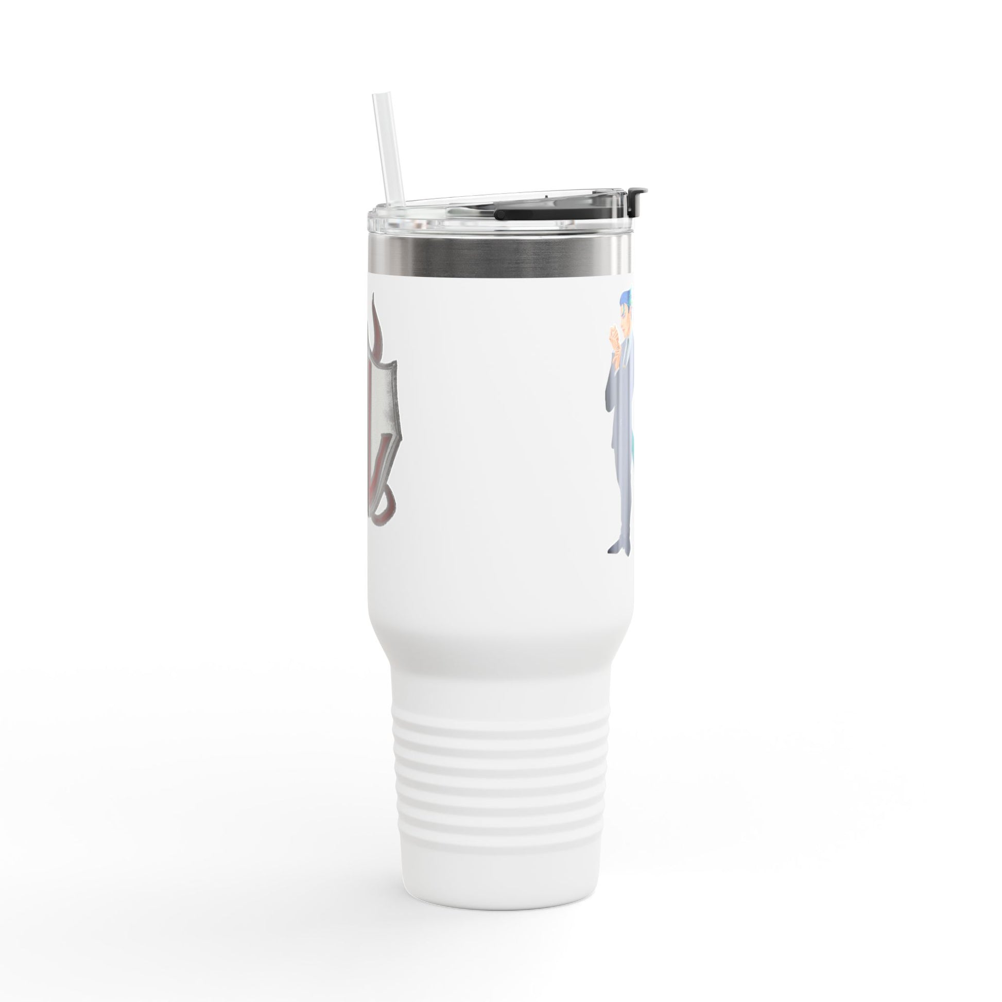 Cassandra Featherstone x Phantom Dame 'Anton' (Discordia University) Insulated Travel Mug, 40oz 40oz Height, in 9.84 Width with handle, in 5.79 Diameter, in 4.02 This insulated travel mug is designed for adventure, featuring a durable 100% stainless steel